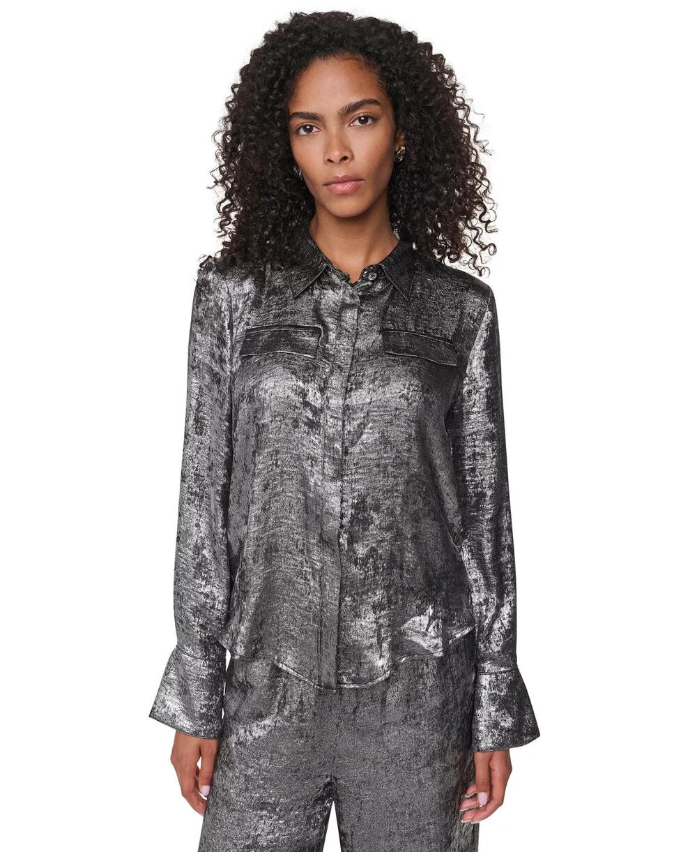 DKNY Shirt Women XS Shimmer Gray Button Front Flap Pockets Evening Night Out NWT